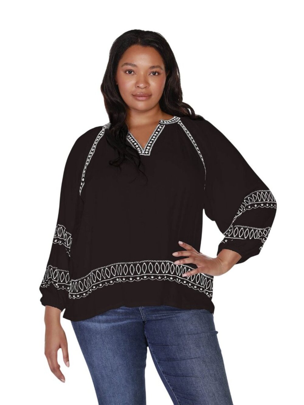 NWT Belldini Embroidered Boho Tunic Peasant Top BW220024X Black / White 2X